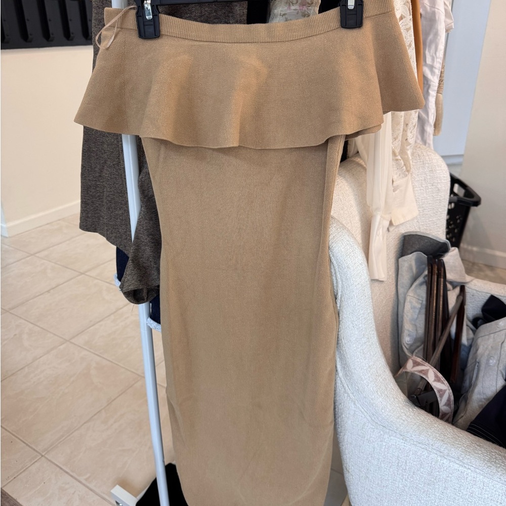 English Factory Strapless Camel Ruffle Knit Dress